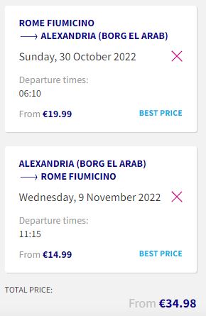 Non-stop flights from Rome, Italy to Alexandria, Egypt for only €34 roundtrip. Flight deal ticket image.