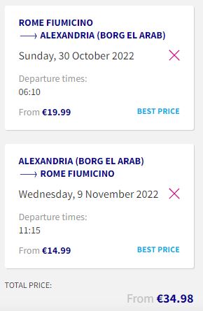 Click here to book this cheap flight deal. Non-stop flights from Rome, Italy to Alexandria, Egypt for only €34 roundtrip. Flight deal ticket image.