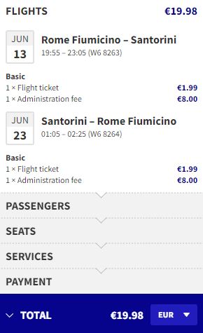 Nonstop flights from Rome, Italy to Santorini, Greece for just €19 return.  Image of flight offer ticket.