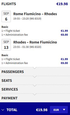 Summer, non-stop flights from Rome, Italy to Rhodes, Greece for only €19 roundtrip. Flight deal ticket image.