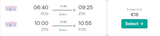 Click here to book this cheap flight deal. Non-stop flights from Rome, Italy to the Greek island of Zakynthos for only €18 roundtrip. Flight deal ticket image.