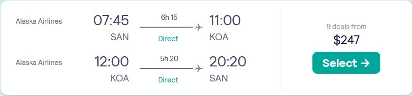 Non-stop flights from San Diego to Kona, Hawaii for only $247 roundtrip with Alaska Airlines. Also works in reverse. Flight deal ticket image.