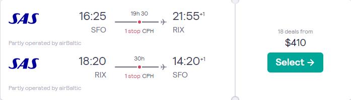 Cheap flights from San Francisco or Los Angeles to Riga, Latvia from only $410 roundtrip with Scandinavian Airlines. Flight deal ticket image.
