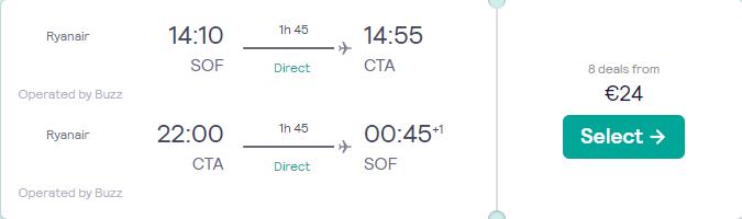 Non-stop, summer flights from Sofia, Bulgaria to Sicily for only €24 roundtrip. Flight deal ticket image.