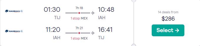 Cheap flights from Tijuana, Mexico to Houston, Texas for only $286 USD roundtrip with Aeromexico. Flight deal ticket image.