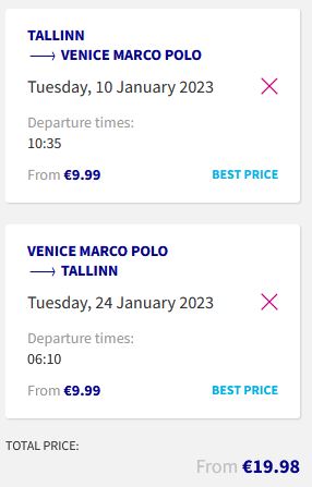 Non-stop flights from Tallinn, Estonia to Venice, Italy for only €19 roundtrip. Flight deal ticket image.