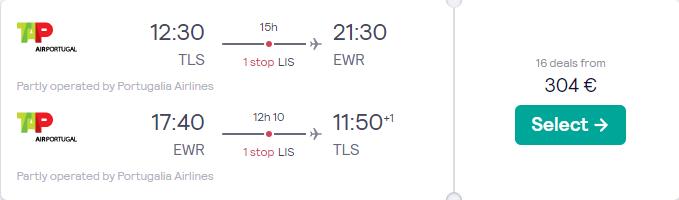 Cheap flights from Toulouse, France to New York, USA for only €304 roundtrip with TAP Air Portugal. Flight deal ticket image.