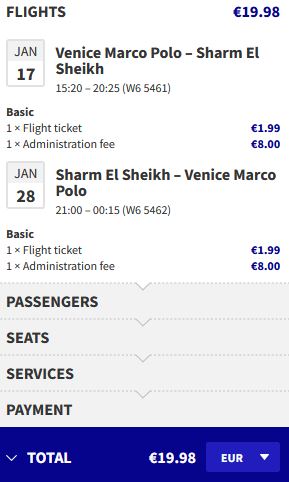 Non-stop flights from Venice, Italy to Sharm el Sheikh, Egypt for only €19 roundtrip. Flight deal ticket image.