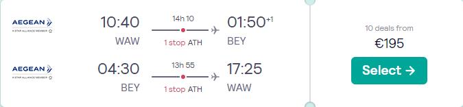 Cheap flights from Warsaw, Poland to Beirut, Lebanon for only €195 roundtrip with Aegean Airlines. Flight deal ticket image.