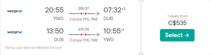 Cheap flights from Winnipeg, Canada to Dublin, Ireland for only $535 CAD roundtrip. Flight deal ticket image.