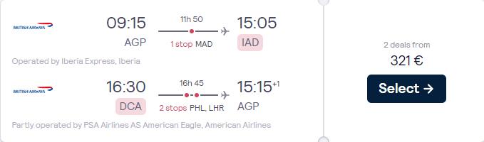 Cheap flights from Malaga, Spain to Washington DC, USA for only €321 roundtrip with Iberia, American Airlines and British Airways. Flight deal ticket image.