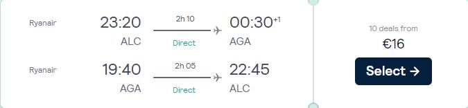 Non-stop flights from Alicante, Spain to Agadir, Morocco for only €16 roundtrip. Flight deal ticket image.