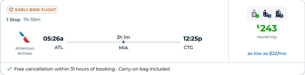 Cheap flights from Atlanta to Cartagena, Colombia for only $243 roundtrip with American Airlines. Flight deal ticket image.