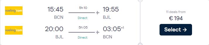 Non-stop flights from Barcelona, Spain to Banjul, Gambia for only €194 roundtrip. Flight deal ticket image.