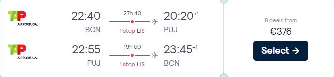 Click here to book this cheap flight deal. Cheap flights from Barcelona, Spain to the Dominican Republic for only €376 roundtrip with TAP Air Portugal. Flight deal ticket image.