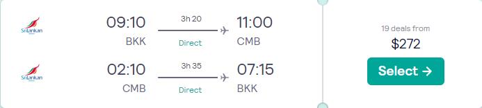 Non-stop flights from Bangkok, Thailand to Colombo, Sri Lanka for only $272 USD roundtrip with SriLankan Airlines. Flight deal ticket image.