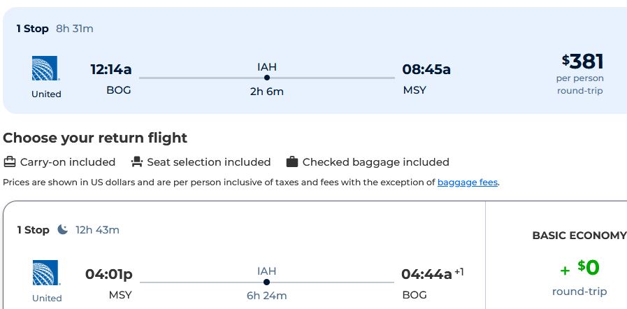 Cheap flights from Bogota, Colombia to New Orleans, USA for only $381 USD roundtrip with United Airlines. Flight deal ticket image.