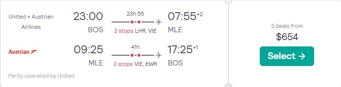 Click here to book this cheap flight deal. Cheap flights from Boston to the Maldives for only $654 roundtrip with United Airlines and Austrian Airlines. Flight deal ticket image.