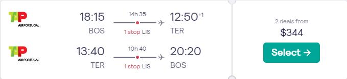 Cheap flights from Boston to the Azores for only $344 roundtrip with TAP Air Portugal. Flight deal ticket image.