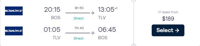 Error Fare Non-stop flights from Boston to Tel Aviv, Israel for only $189 roundtrip. Flight deal ticket image.