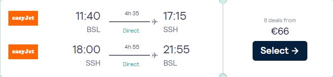 Non-stop flights from Basel, Switzerland to Sharm el Sheikh, Egypt for only €66 roundtrip. Flight deal ticket image.