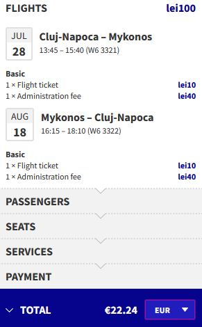 Summer, non-stop flights from Cluj, Romania to Mykonos, Greece for only € roundtrip. Flight deal ticket image.