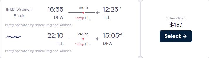 Click here to book this cheap flight deal. Cheap flights from Dallas, Texas to Tallinn, Estonia for only $487 roundtrip with Finnair. Flight deal ticket image.