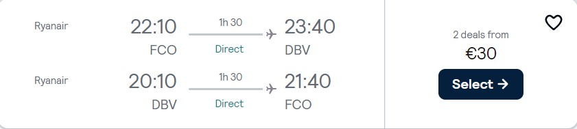 Click here to book this cheap flight deal. Non-stop flights from Rome, Italy to Dubrovnik, Croatia for only €30 roundtrip. Flight deal ticket image.