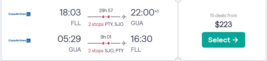 Cheap flights from Fort Lauderdale to Guatemala City, Guatemala for just $223 round trip with Copa Airlines.  Image of flight offer ticket.