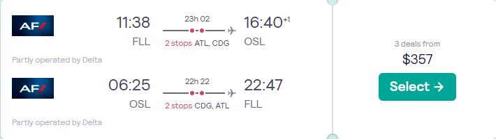 Summer flights from Fort Lauderdale to Oslo, Norway for only $357 roundtrip with Delta Air Lines and Air France. Flight deal ticket image.