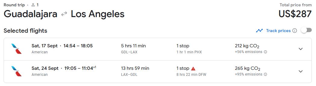Cheap flights from Guadalajara, Mexico to Los Angeles, USA for just US$287 roundtrip with American Airlines.  Image of flight offer ticket.