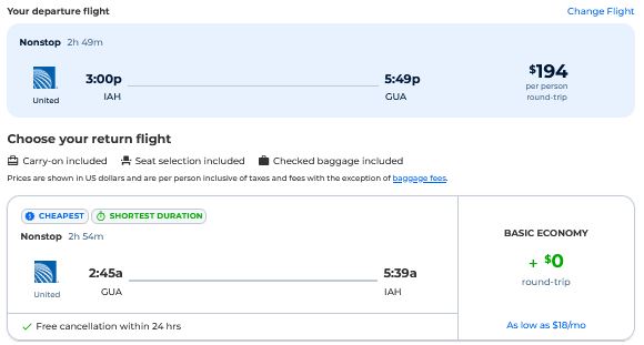 Fly nonstop from Houston, Texas to Guatemala City, Guatemala for just $194 roundtrip with United Airlines.  Image of flight offer ticket.