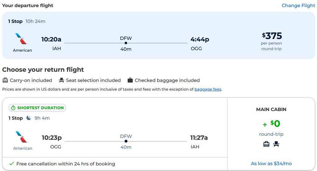Cheap flights from Houston, Texas to Kahului, Hawaii for only $375 roundtrip with American Airlines. Also works in reverse. Flight deal ticket image.