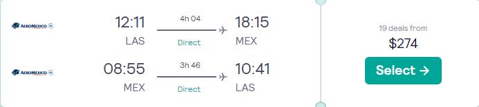 Non-stop, summer flights from Las Vegas to Mexico City, Mexico for only $274 roundtrip with Aeromexico. Flight deal ticket image.