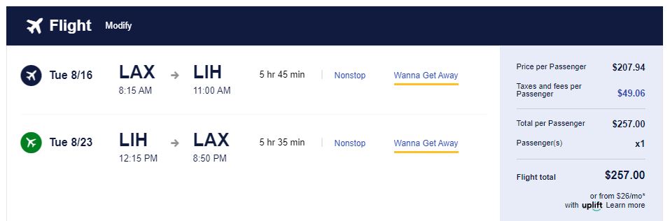 Non-stop flights from Los Angeles to Hawaii for only $257 roundtrip. Also works in reverse. Flight deal ticket image.