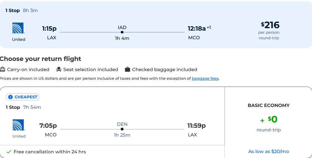 Cheap flights from Los Angeles to Orlando, Florida for just $216 round trip with United Airlines.  Also works in reverse.  Image of flight offer ticket.