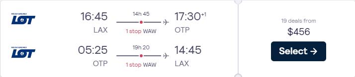 Cheap flights from Los Angeles to Bucharest, Romania for only $456 roundtrip with LOT Polish Airlines. Flight deal ticket image.