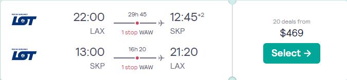 Cheap flights from Los Angeles to Skopje, Macedonia for only $469 roundtrip with LOT Polish Airlines. Flight deal ticket image.