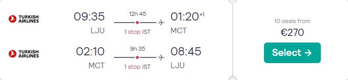 Cheap flights from Ljubljana, Slovenia to Muscat, Oman for only €270 roundtrip with Turkish Airlines. Flight deal ticket image.