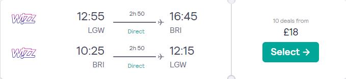 Non-stop flights from London, UK to Bari, Italy for only £18 roundtrip. Flight deal ticket image.