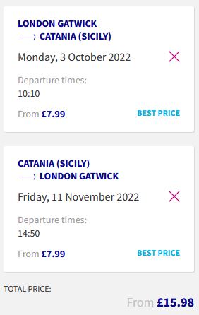Non-stop flights from London, UK to Catania, Italy for only £15 roundtrip. Flight deal ticket image.