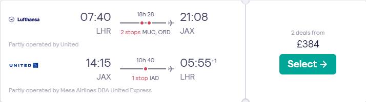Click here to book this cheap flight deal. Cheap flights from London, UK to Jacksonville, Florida for only £384 roundtrip with Lufthansa and United Airlines. Flight deal ticket image.