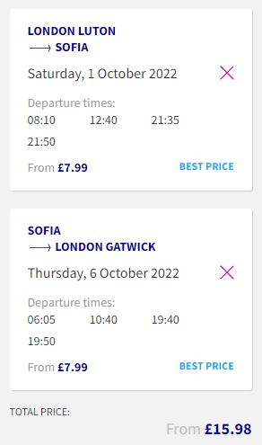 Click here to book this cheap flight deal. Non-stop flights from London, UK to Sofia, Bulgaria for only £15 roundtrip. Flight deal ticket image.