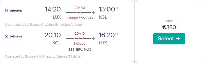 Cheap flights from Luxembourg to Kigali, Rwanda for only €380 roundtrip with Lufthansa and Brussels Airlines. Flight deal ticket image.