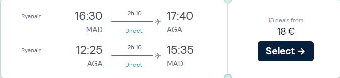 Non-stop flights from Madrid, Spain to Agadir, Morocco for only €18 roundtrip. Flight deal ticket image.