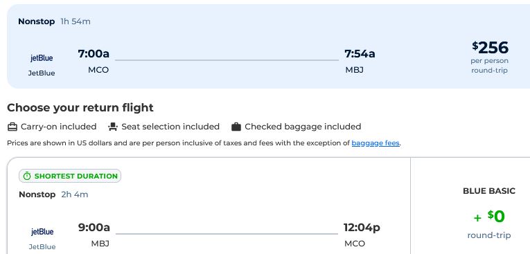 Nonstop summer flights from Orlando, Florida to Montego Bay, Jamaica for just $256 roundtrip with JetBlue.  Image of flight offer ticket.