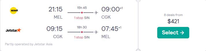 Cheap flights from Melbourne, Australia to Jakarta, Indonesia for only $421 AUD roundtrip with Jetstar. Flight deal ticket image.