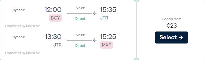 Click here to book this cheap flight deal. Non-stop flights from Milan, Italy to the Greek island of Santorini for only €23 roundtrip. Flight deal ticket image.