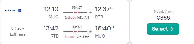 Click here to book this cheap flight deal. Cheap flights from Munich, Germany to Roatan Island, Honduras for only €366 roundtrip with United Airlines and Lufthansa. Flight deal ticket image.