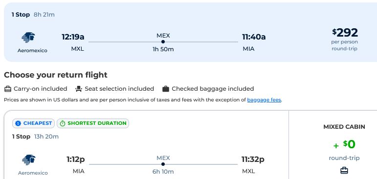 Click here to book this cheap flight deal. Cheap flights from Mexicali, Mexico to Miami, USA for only $292 USD roundtrip with Aeromexico. Flight deal ticket image.